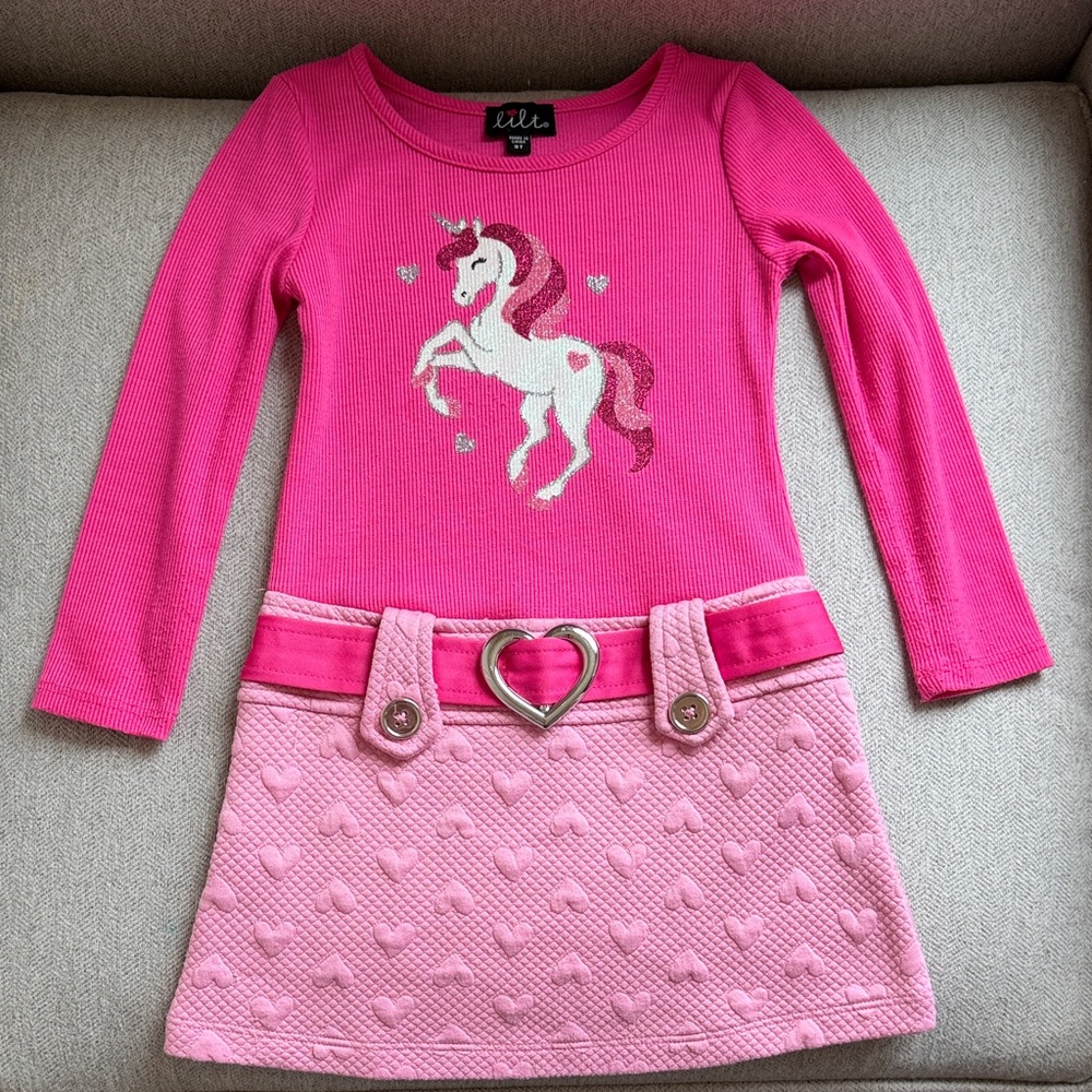 3t Lilt Pink Unicorn Dress with Glitter, heart Accents + Faux Silver Belt